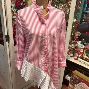 Gabby Isabella Dark Pink Stripped Blouse with White Asymmetrical Ruffle-L